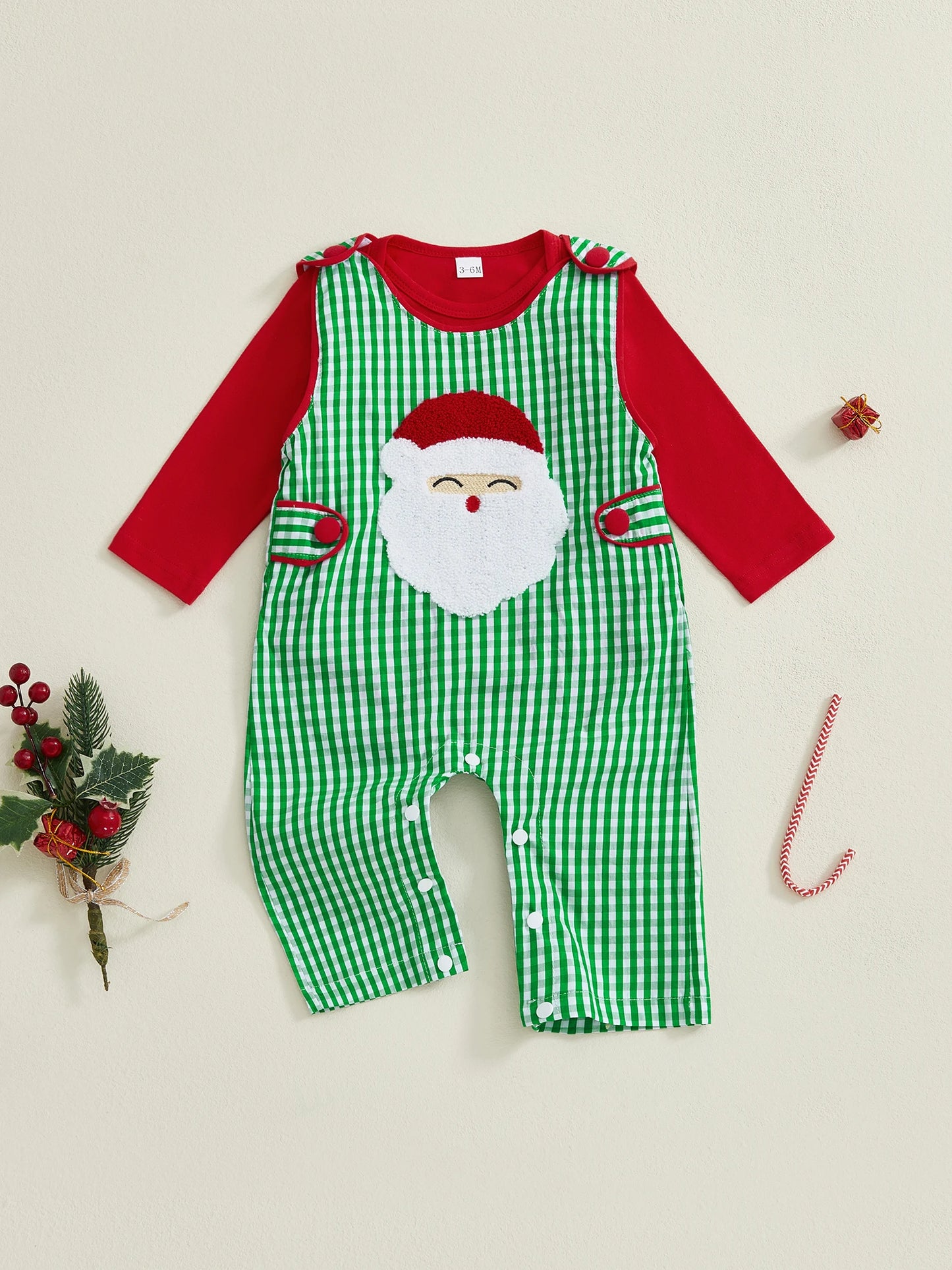 Toddler Unisex Christmas Costume Red Plaid Romper and Santa Embroidered Overalls Set for Baby Boys and Girls 2 Piece Outfit